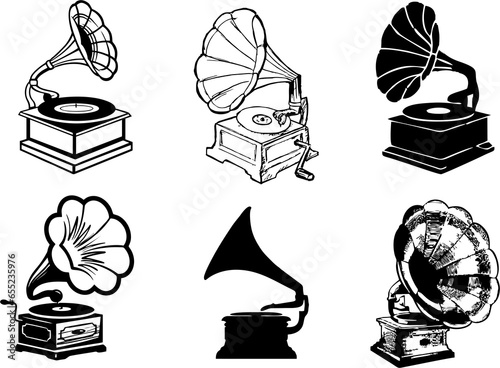 Multiple style Gramophone  icons. A gramophone is an old and Antique type of record player. Classical Gramophones in high HD resolution. Music symbols for poster or banner designing. photo