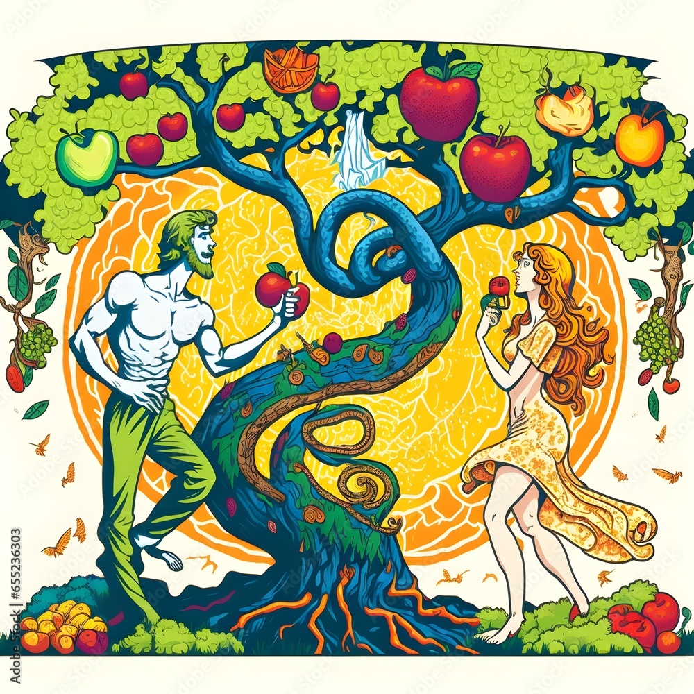 Adam and Eve eating the forbidden fruit from the tree of life a serpent