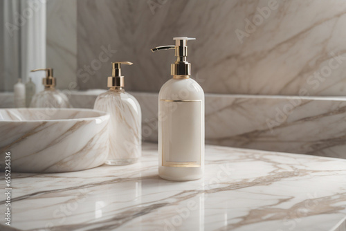 A blank Mockup of a hand wash bottle on a marble in the luxurious bathroom . Generative AI