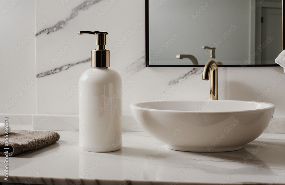 A blank Mockup of a hand wash bottle on a marble in the luxurious bathroom . Generative AI A blank Mockup of a hand wash bottle on a marble in the luxurious bathroom . Generative AI