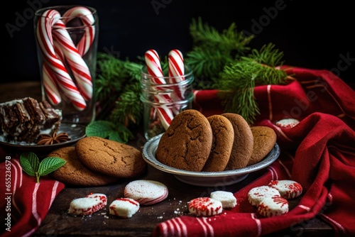 striped stocking brimming with gingersnaps and peppermint candies photo