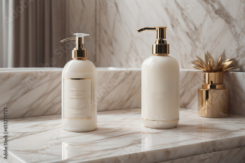 A blank Mockup of a hand wash bottle on a marble in the luxurious bathroom . Generative AI