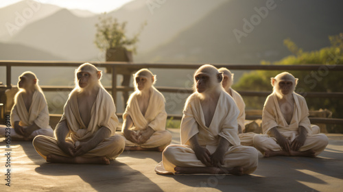 Monkeys doing yoga pose in orange and white coats in nature and in wooden buildings © Robert