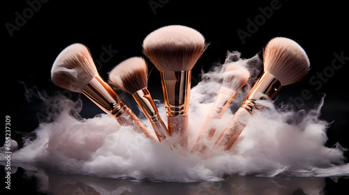 Makeup brushes spread out on shiny white and gold silk. The smooth cloth makes the brushes stand out, looking neat and fancy. Ideal for beauty parlor advertisements and promotions. photo