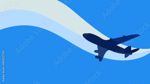 A commercial jetliner soars through a clear, blue sky, high quality vector flat illustration with space to insert text