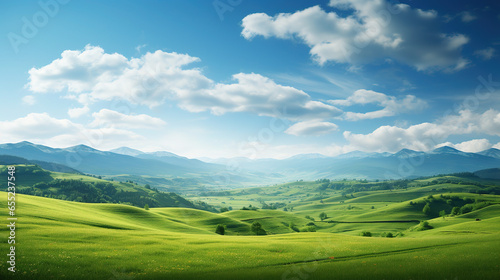 Scenic Natural Landscape: Panoramic Green Field, Blue Sky, and Mountains , Generative AI