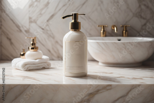 A blank Mockup of a hand wash bottle on a marble in the luxurious bathroom . Generative AI