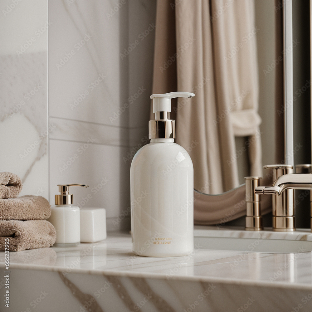 A blank Mockup of a hand wash bottle on a marble in the luxurious bathroom . Generative AI A blank Mockup of a hand wash bottle on a marble in the luxurious bathroom . Generative AI