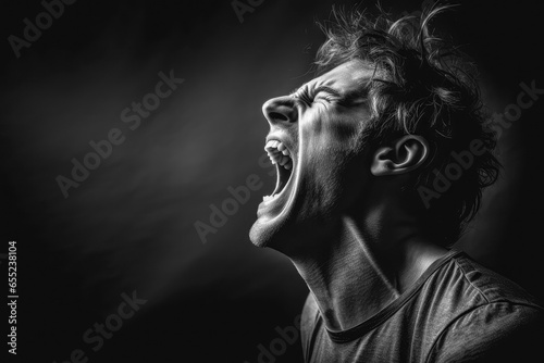 Man Screaming. Black And White Portrait With Copy Space. Ai Generated
