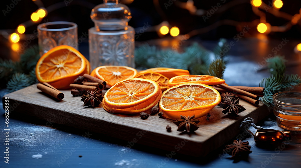Wooden Tray with Oranges and Spices on Blue Background - AI Generated