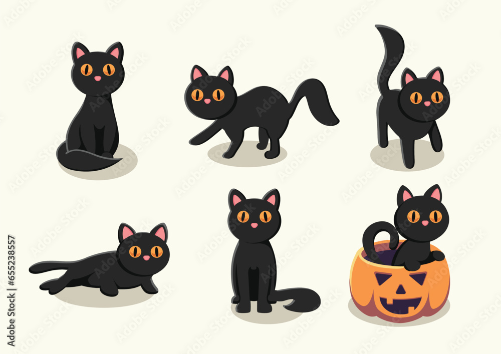 Flat Vector Halloween Black Cat - Hand Drawn Flat Vector Halloween Black Cat - Hand Drawn