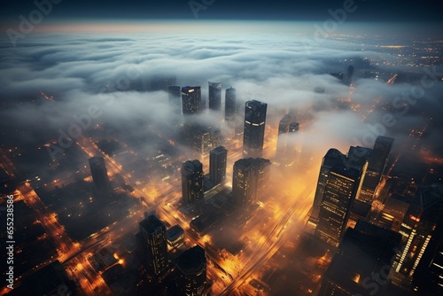 Aerial view of a city at night covered in fog. Generative AI