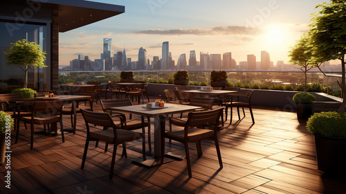 Cityscape Views from Restaurant Terrace with Tables and Chairs under an AI-Generated Skylines Background