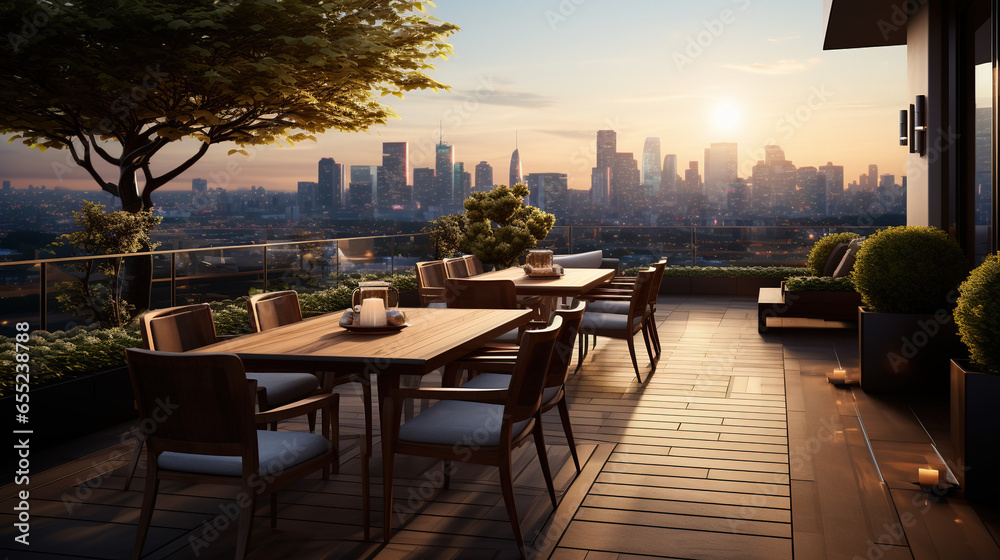 Cityscape Views from Restaurant Terrace with Tables and Chairs under an AI-Generated Skylines Background