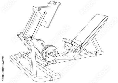 Leg Press machine. Gym equipment on white background vector illustration. Different fitness equipment for muscle building. Workout and training concept.