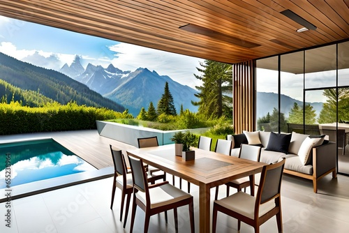 Beautiful wooden terrace with garden furniture sur ..