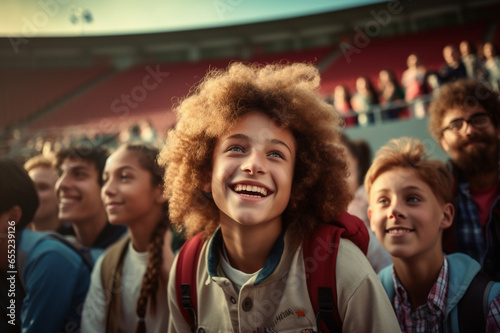 Students at the school stadium, enjoying a schoolwide athletic competition