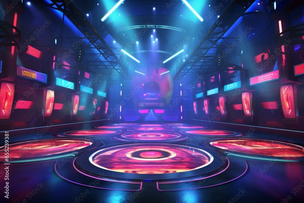 A spacious contemporary arena for game shows featuring vibrant neon lights piercing through misty fog. Generative AI - obrazy, fototapety, plakaty 