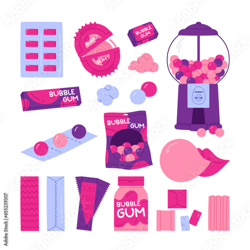 Bubblegum types set. Various sweet chewing candy: balls, stick, dragee, pads, plates, roll. Oral hygiene concept.  Chewing gum collection. Vector illustration in cartoon style. Isolated background