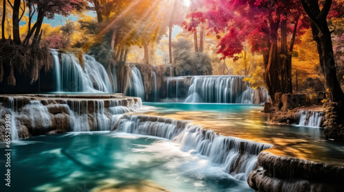 Amazing view beautiful waterfall in colorful autumn forest