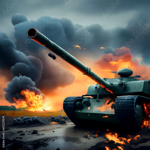 a armored tank shooting of a battle field in a war. bombs and explosions in the background. fire smoke and ash everywhere. photo