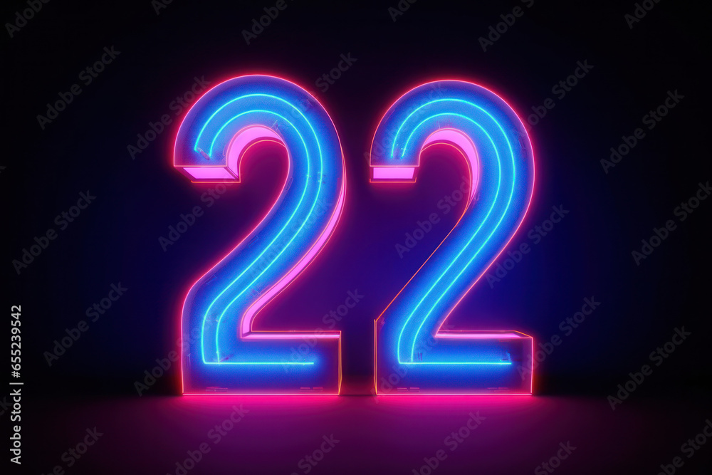 A glowing big twenty two in neon colors against a dark background. A glowing big twenty two in neon colors against a dark background.