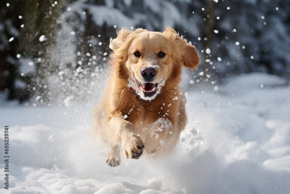 golden retriever playing in snow, running at the park in winter