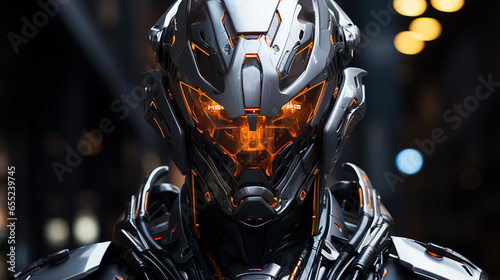 Futuristic Elegance: Neon Armor Portrait. Elegance meets futurism in this portrait featuring neon-lit armor, symbolizing the blend of style and technology. A striking futuristic vision. © Marc