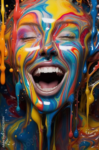 Portrait of a smiling girl covered in various colors.