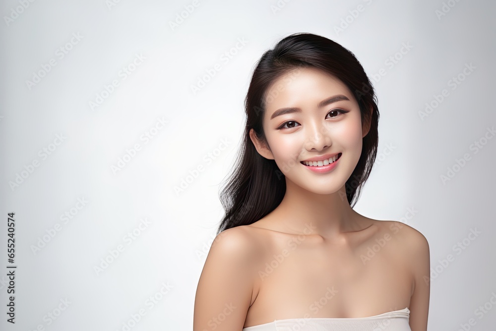 Beautiful Asian woman smiles and radiates happiness, showcasing her healthy, glowing skin. Generative AI Beautiful Asian woman smiles and radiates happiness, showcasing her healthy, glowing skin. Generative AI