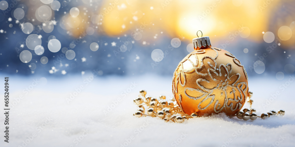 Merry Christmas. Christmas decoration with Gold ball on snow - obrazy, fototapety, plakaty 
