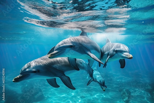 A group of dolphins emerges to play in the middle of the sea. © ORG