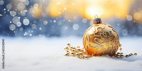 Merry Christmas. Christmas decoration with Gold ball on snow