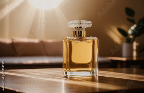 Womens perfume with luxury fragrance bottle and peony flowers on golden background. Generative AI