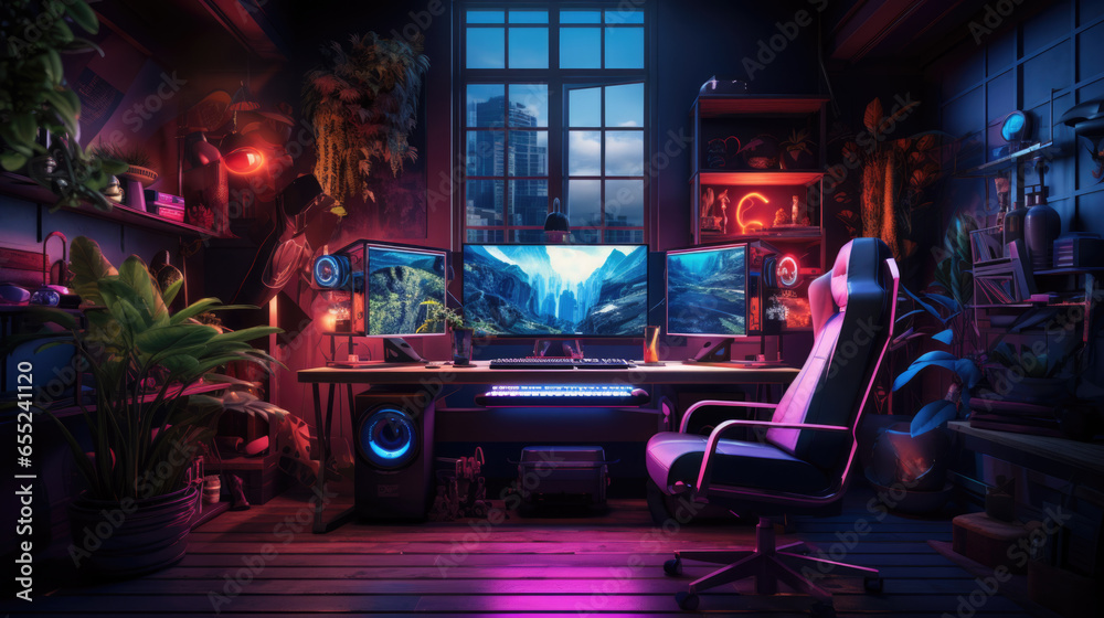 a gamer's room with computers and monitors and neon lights