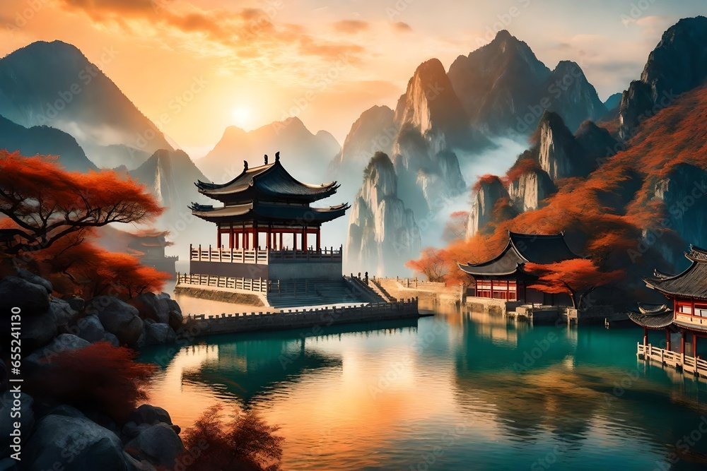 Obraz premium chinese temple at sunset
