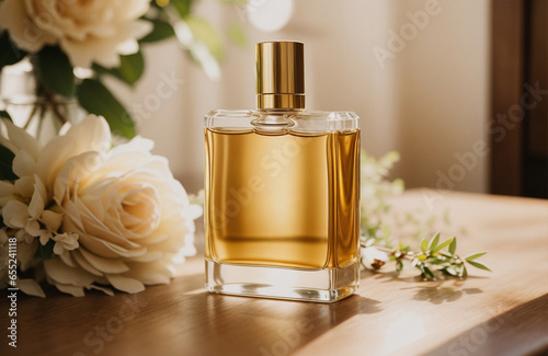 Womens perfume with luxury fragrance bottle and peony flowers on golden background. Generative AI