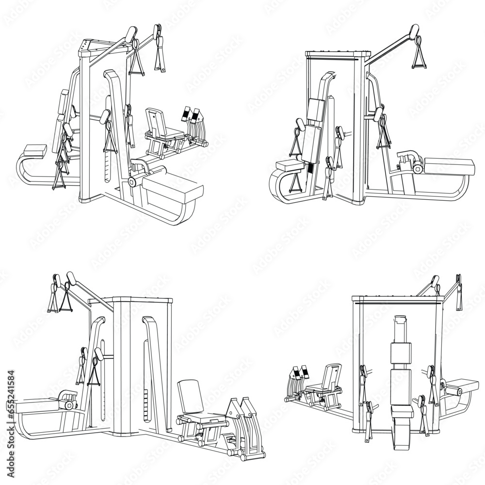 Fitness, cardio, and muscle building machines, equipments set at gym. Workout and training concept. Vector illustration.