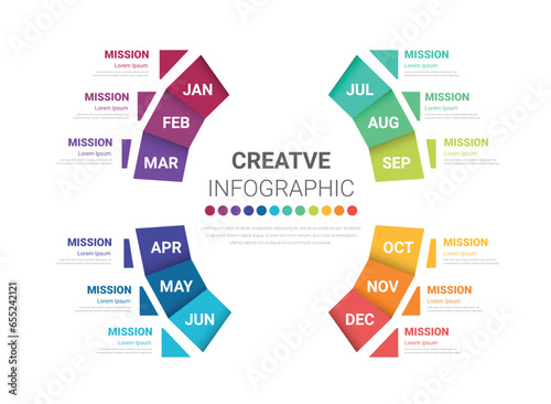 Template presentation 4 quarter, calendar presentation 12 months, Infographic Timeline can be used for workflow, process diagram, flow chart.