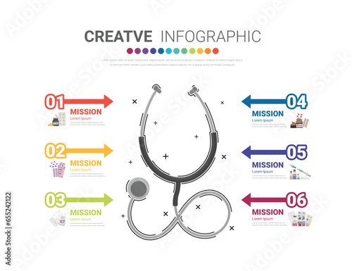 Stethoscope infographic template with 6 options, vector infographics design and Presentation can be used for presentation properties, medical properties, Healthy life concept.