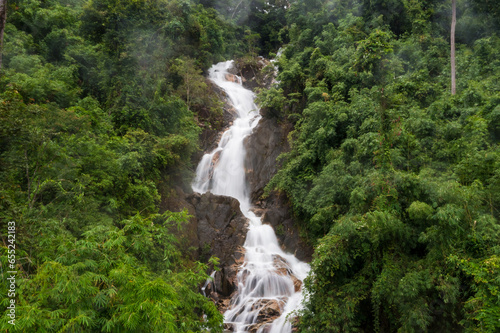 Krathing waterfall in the rainy season and refreshing greenery forest in the national park of Khao Khitchakut Chanthaburi province Thailand panorama aerial view for background.