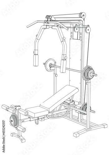 Gym equipment on white background vector illustration. Different fitness equipment for muscle building. Workout and training concept.