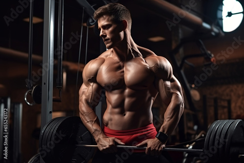 Muscular man working out with weights in the gym. Handsome male exercising with barbells.