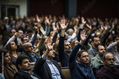Conference, crowd and business people with hands for a question, vote or volunteering. Corporate event, meeting and hand raised in a training seminar for questions, voting or audience opinion.