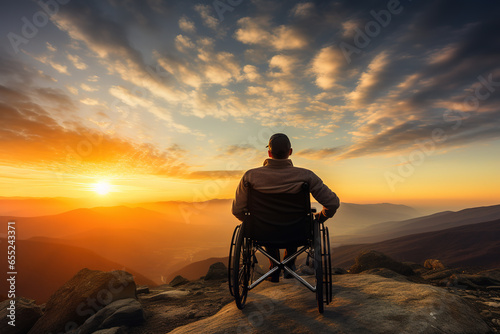 Disabled handicapped man is sitting on wheelchair at sunset.