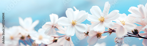 Beautiful spring border  blooming flowers on a blue background. 