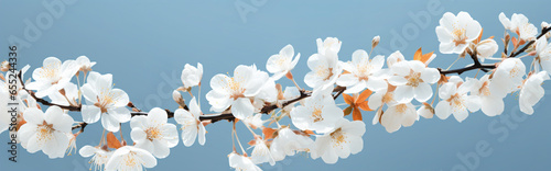 Beautiful spring border, blooming flowers on a blue background.  photo