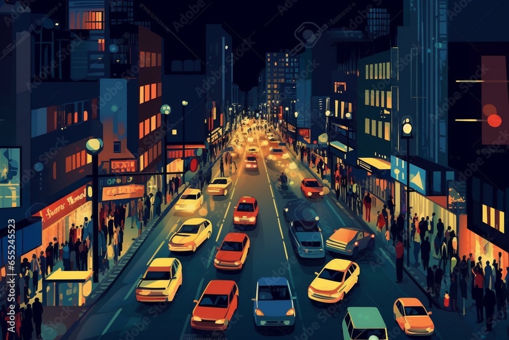 Illustration of a busy city street at night with traffic. Generative AI