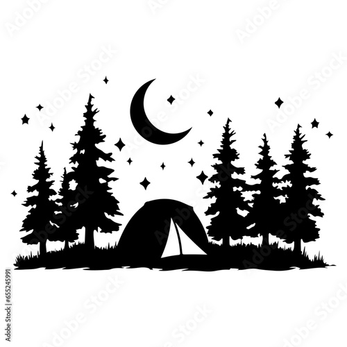 Camping in the Woods under the Moon and Stars, Tent in the Forest, Hand Drawn Vector Illustration