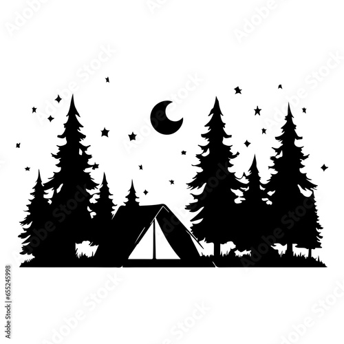 Camping in the Woods under the Moon and Stars, Tent in the Forest, Hand Drawn Vector Illustration © Natworanat